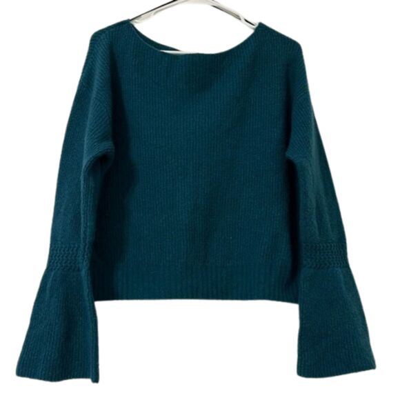 Anthropologie Wool Knit Sweater Womens Small Green Bell Sleeves Boho Round Neck - Picture 1 of 10
